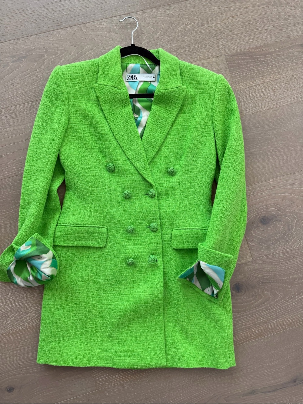 Zara Lime Green Double-Breasted Bouclé Blazer Coat